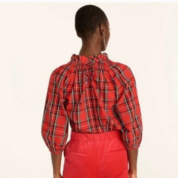 J CREW Ruffleneck Red Tartan Plaid Cotton Blouse Sz XSMALL NWT - Picture 3 of 11